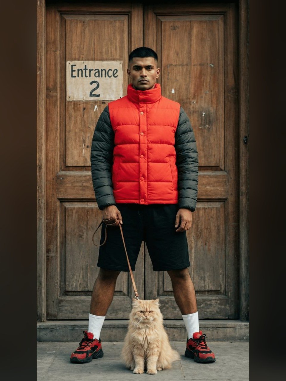 Finished fashion ad of the same jacket worn by a model on a city street