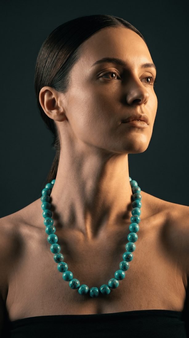 Turquoise bead necklace on model, studio lighting
