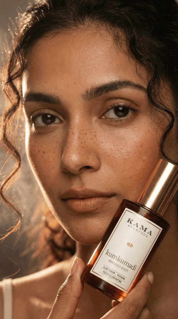 Beauty serum held beside model's face