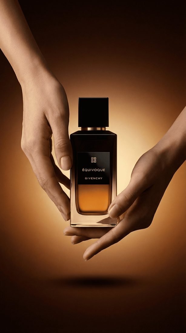 Perfume bottle cradled in hands against glowing backdrop